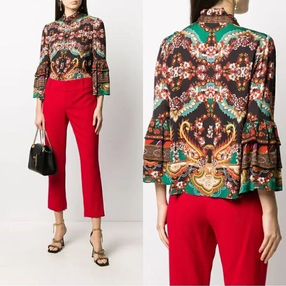 NWT $350 ALICE + OLIVIA Liberty Ruffle-Neck Blouse - Black - Picture 1 of 12